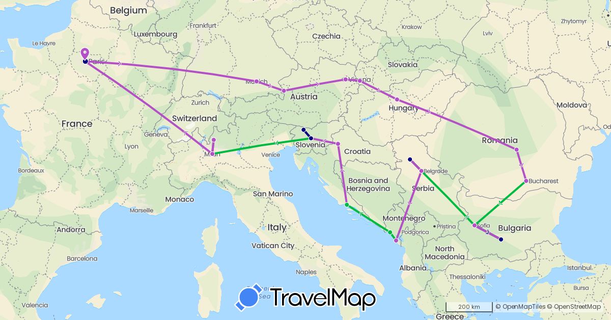 TravelMap itinerary: driving, bus, train in Austria, Bulgaria, Germany, France, Croatia, Hungary, Italy, Montenegro, Romania, Serbia, Slovenia, Slovakia (Europe)
